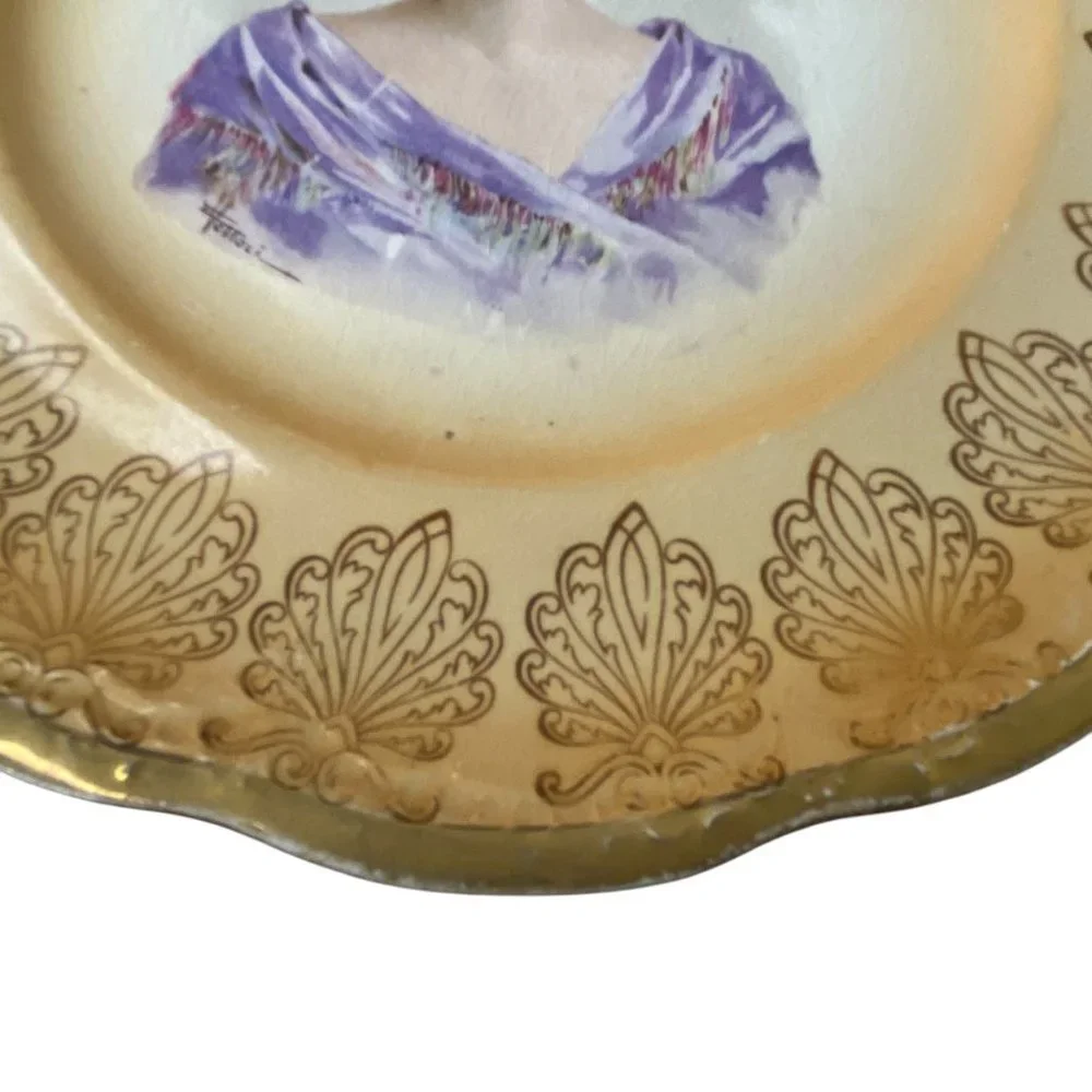 Antique TS&T Portrait Plate Lady Purple Dress Gold Signed‎ Vettori USA 9